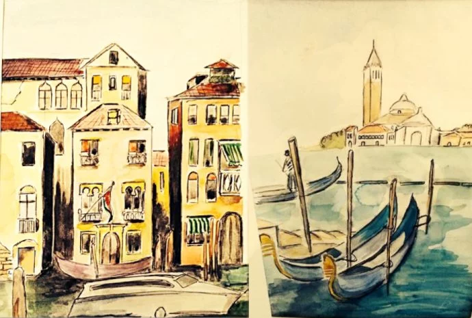 Paintings of Venice buildings and gondola